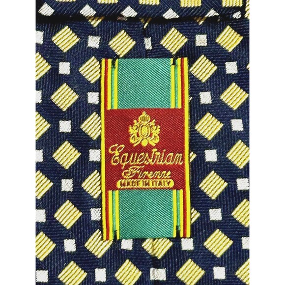 Equestrian Firenre Necktie Tie 100% Silk Made in Italy Texture Navy Yellow White - Picture 5 of 8